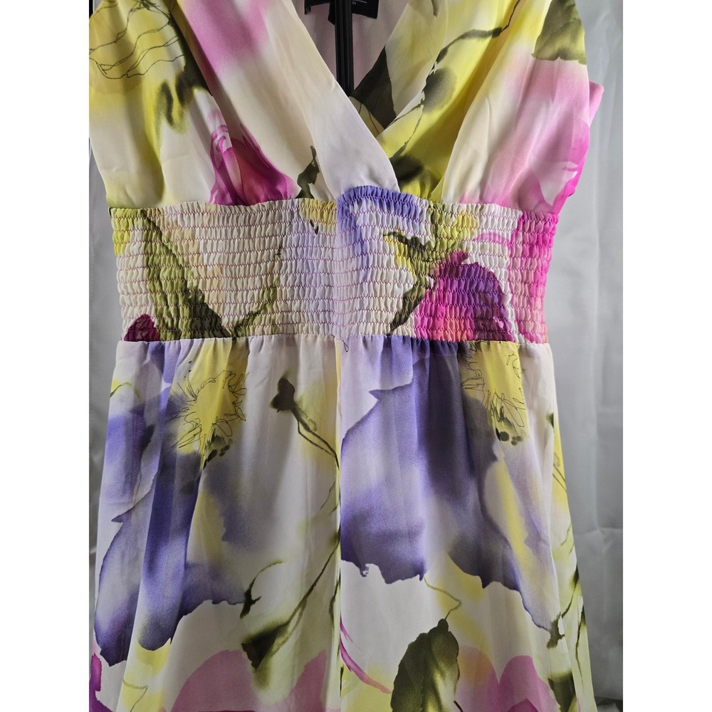Floral Watercolor V-Neck Smocked Waist Handkerchief Hem Midi Dress Purple Pink - Picture 3 of 5